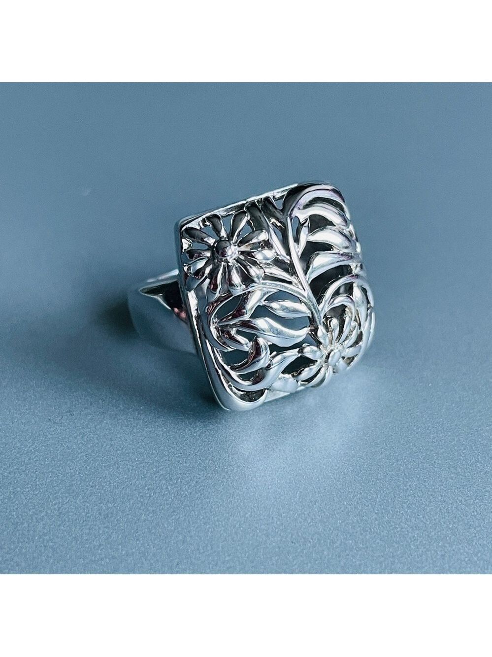 OpenWork Floral Filigree Square Sterling Silver Ring - Picture 2 of 10